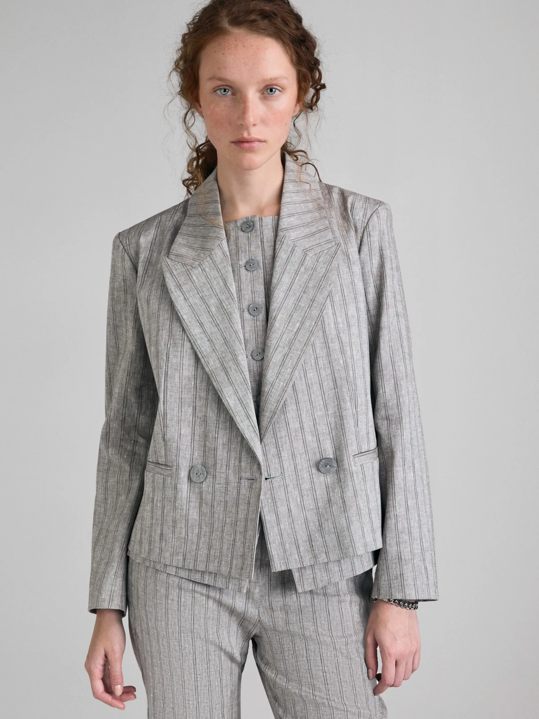 Blazer a righe in misto lino